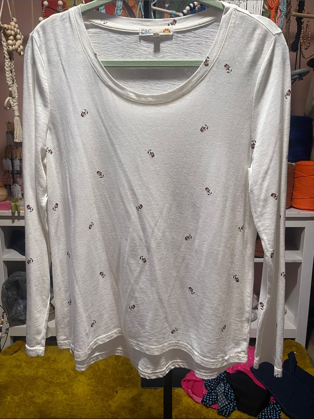 C.C White Long-Sleeve Scoop Neck Tee with Tiny Multicolor Floral Motif
